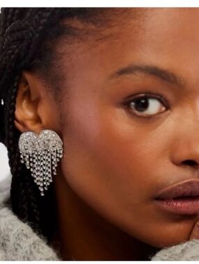 NWT Free People Hearts On Fire Dangle Earrings Rhinestone Heart Fringe Statement